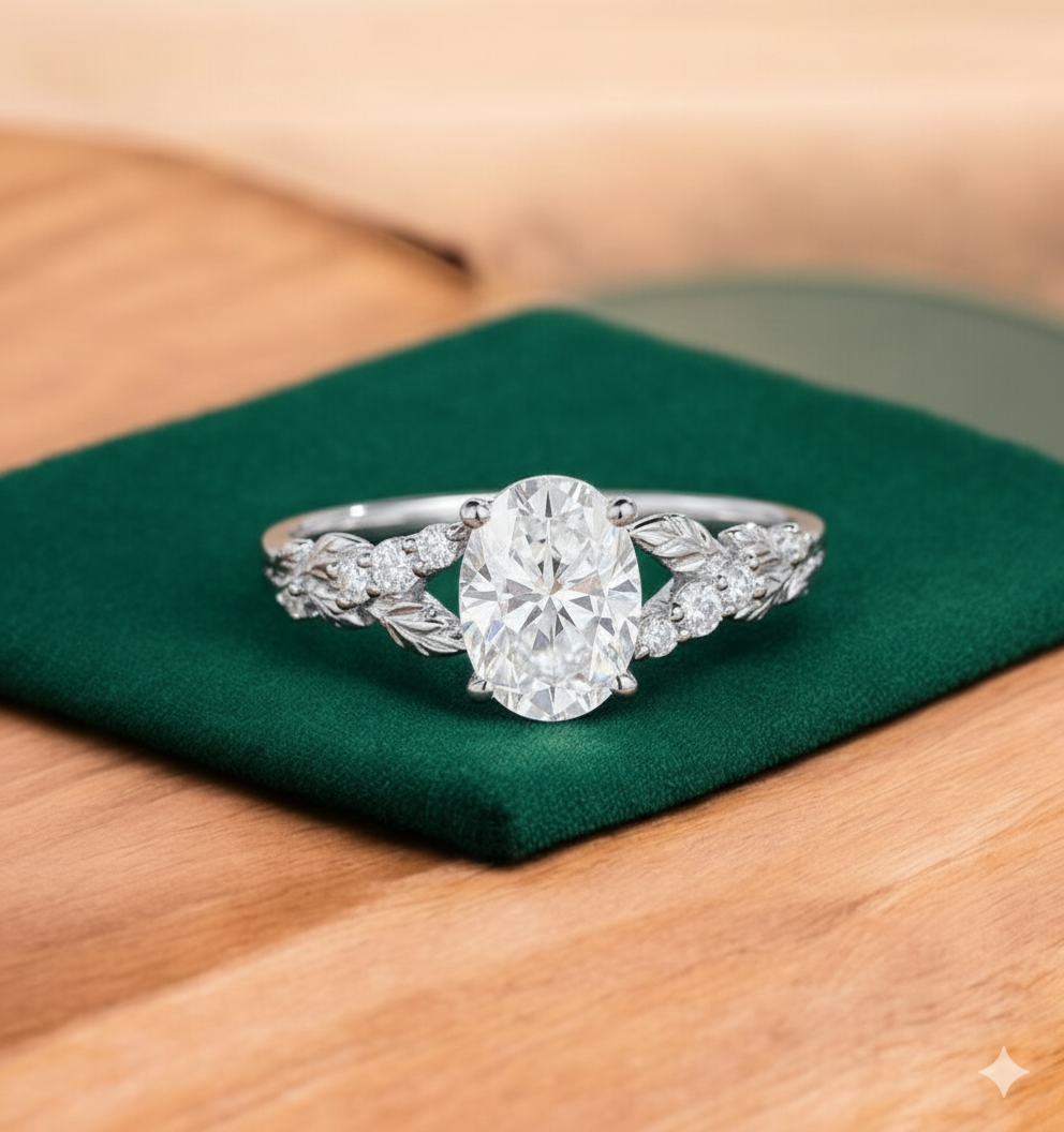 1.360ct Oval Cut Lab Grown Diamond Engagement Ring • Vintage Leaf Art Deco Bridal Ring