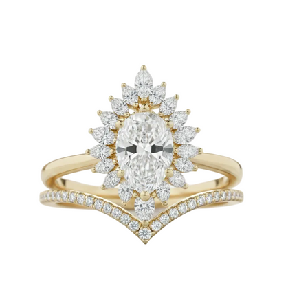 1.50 Ct Pear Cut Floral Halo Lab Grown Diamond Engagement Ring Set