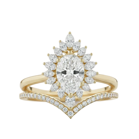 1.50 Ct Pear Cut Floral Halo Lab Grown Diamond Engagement Ring Set
