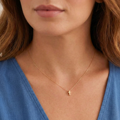 14K Gold Dainty Cross Necklace - Minimal Tiny Pendant