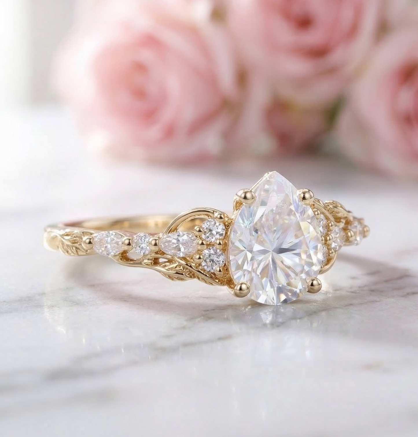 1.300CT Pear Lab Grown Diamond Vintage Floral Engagement Ring