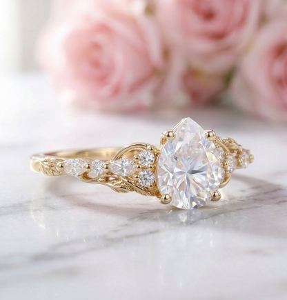 1.300CT Pear Lab Grown Diamond Vintage Floral Engagement Ring