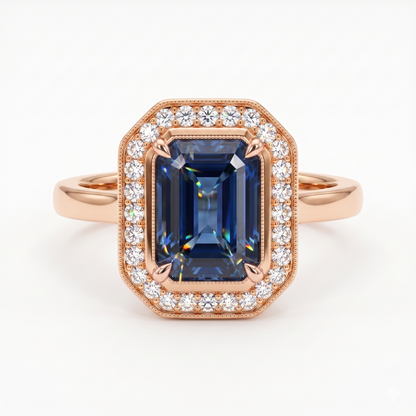 2.00 CT Blue Sapphire Radiant Cut Halo Lab-Grown Engagement Ring