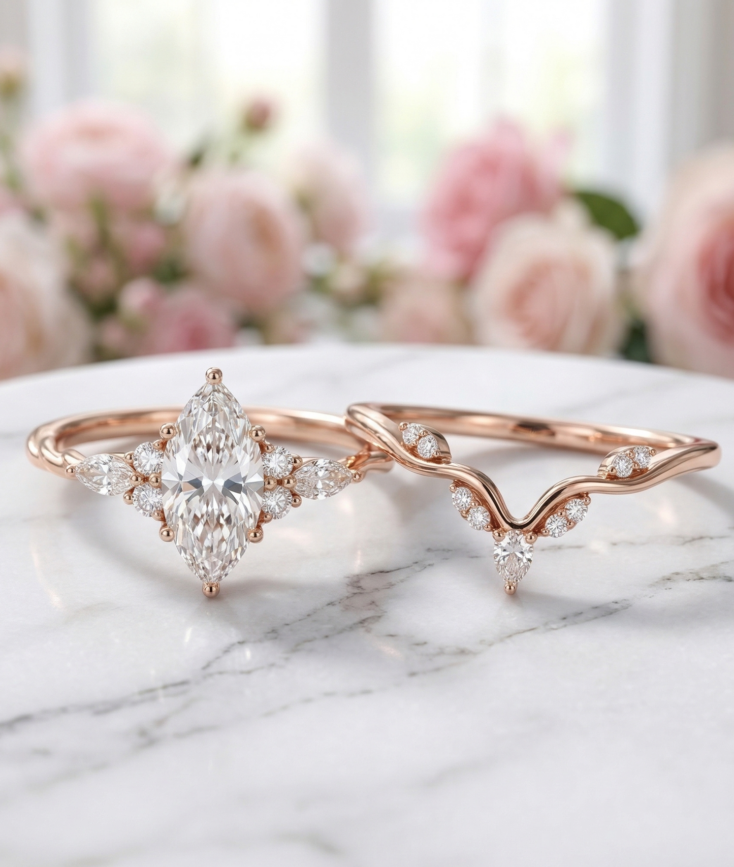 1.350CT Marquise Lab Diamond Ring Set with Curved Wedding Band