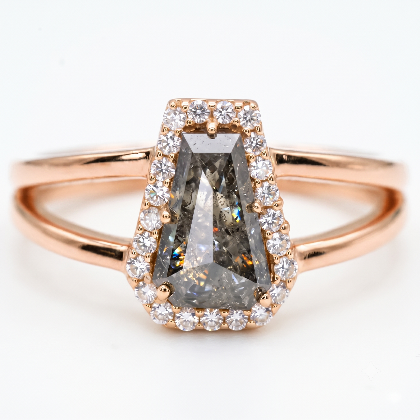 1.00ct Coffin cut salt and pepper Diamond Halo Ring
