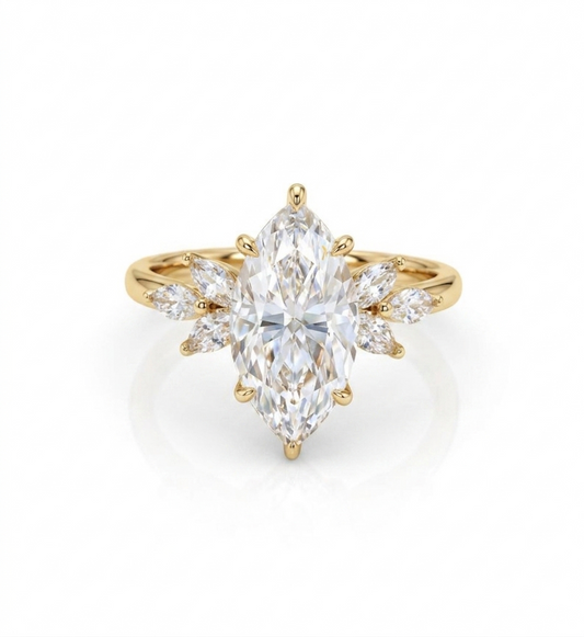 3.0 Marquise Cut Lab Grown Diamond  Engagement Ring • Unique Vintage Cluster Bridal Ring