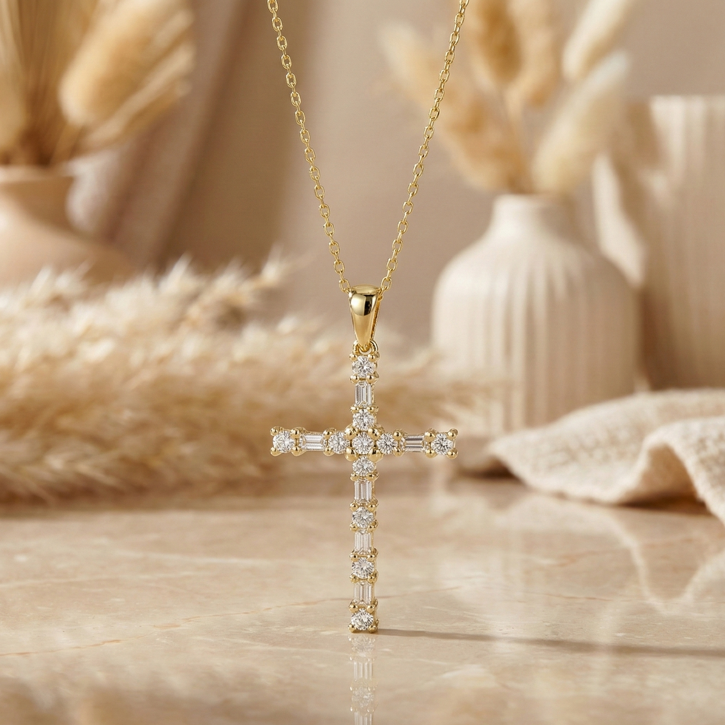 0.190 Ct Baguette & Round Lab-Grown Cross Necklace