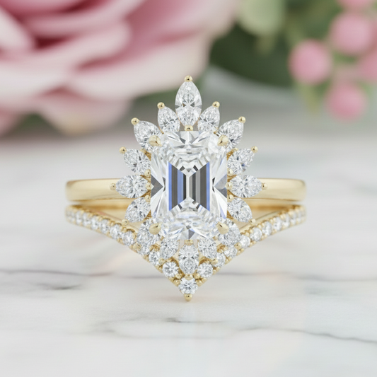 1.90 ct Emerald Cut Moissanite Floral Halo Engagement Ring