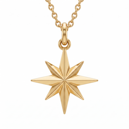 14K Solid Gold North Star Charm Pendant Necklace