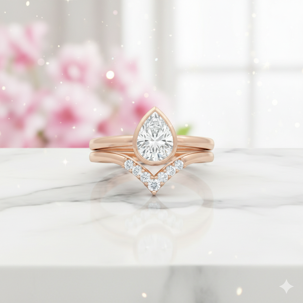 1.10 Ct Pear Cut Lab Grown Diamond Bridal Set – Bezel Engagement Ring