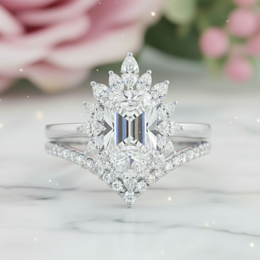 1.90 ct Emerald Cut Moissanite Floral Halo Engagement Ring