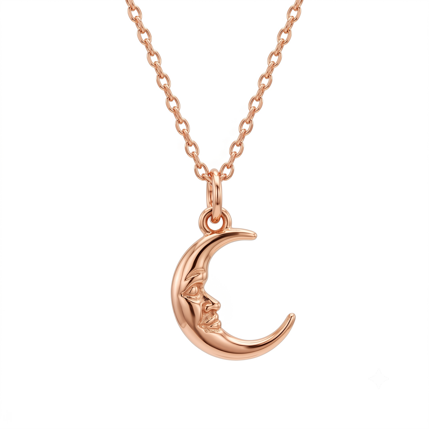 Crescent Moon Face Pendant Necklace, 14K Solid Gold