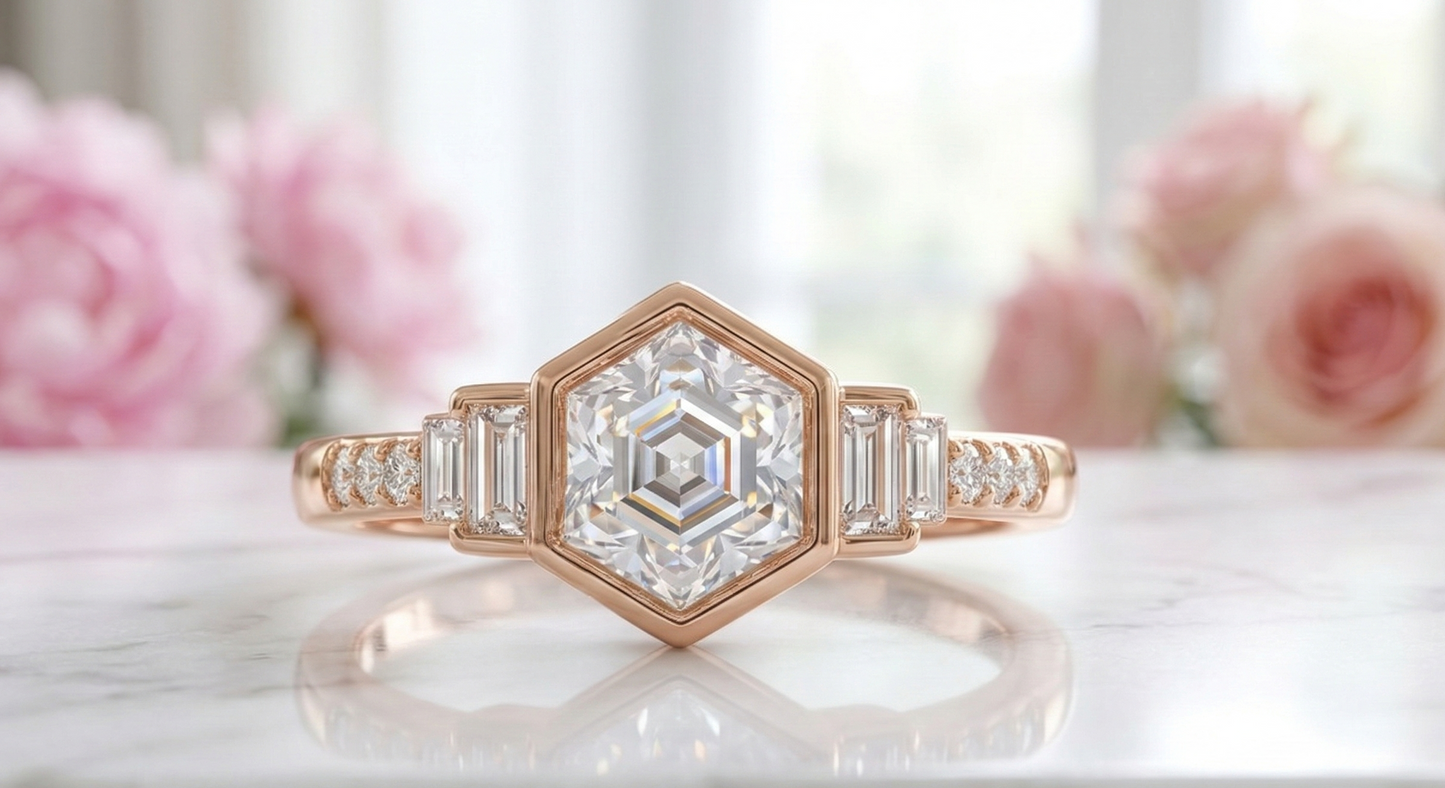 1.60 Ct Hexagon Lab Grown Diamond Ring with Baguette Side Stones