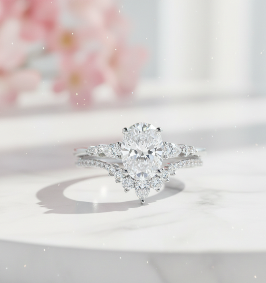 1.61 CT Oval Halo Engagement Ring Set