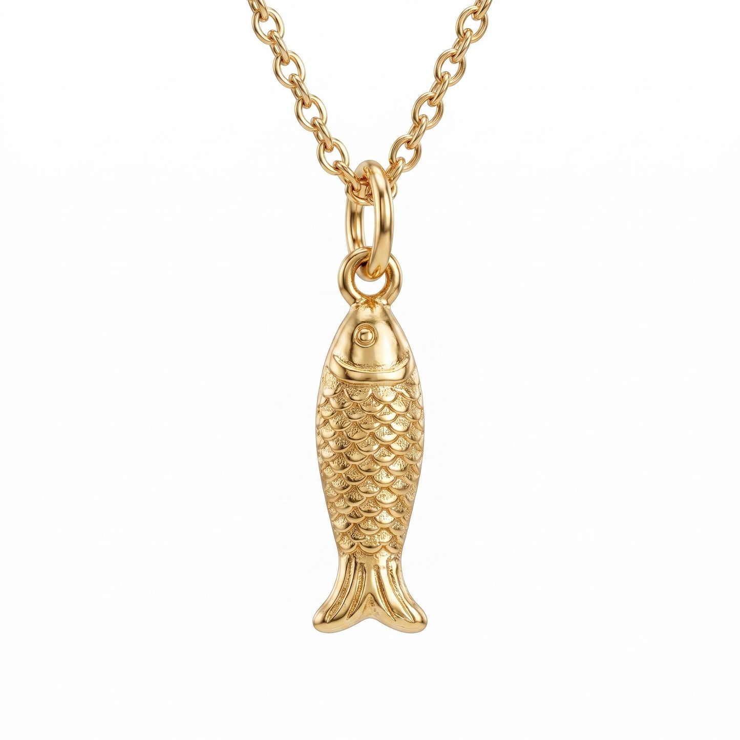 14K Solid Gold Fish Charm Pendant Necklace