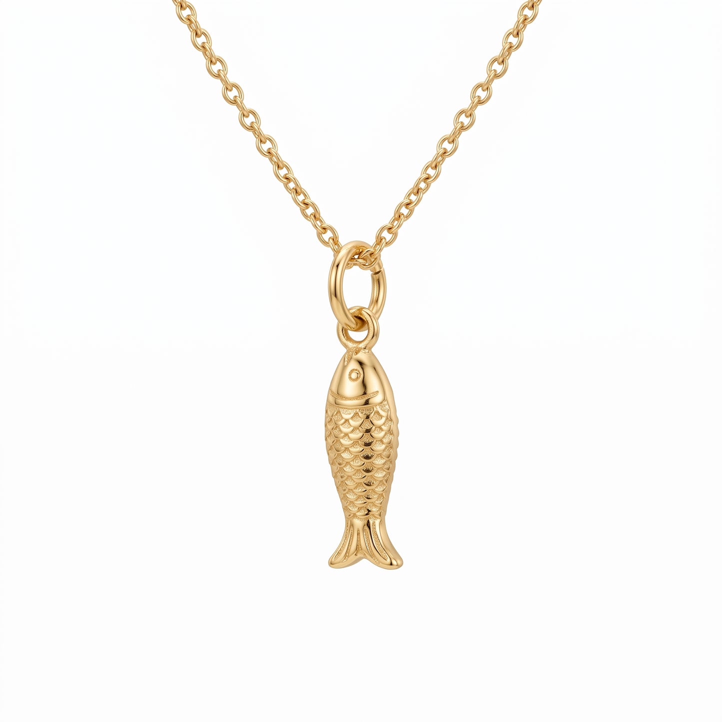 14K Solid Gold Fish Charm Pendant Necklace
