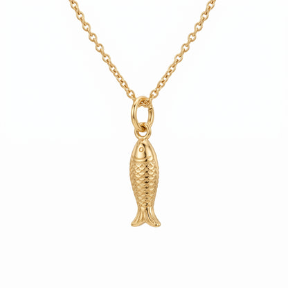 14K Solid Gold Fish Charm Pendant Necklace