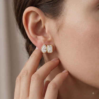 2.00 Ct Pear & Emerald Cut Lab Grown Diamond Bezel Studs Earrings