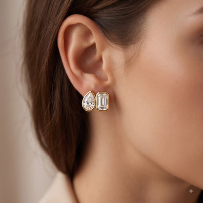 2.00 Ct Pear & Emerald Cut Lab Grown Diamond Bezel Studs Earrings