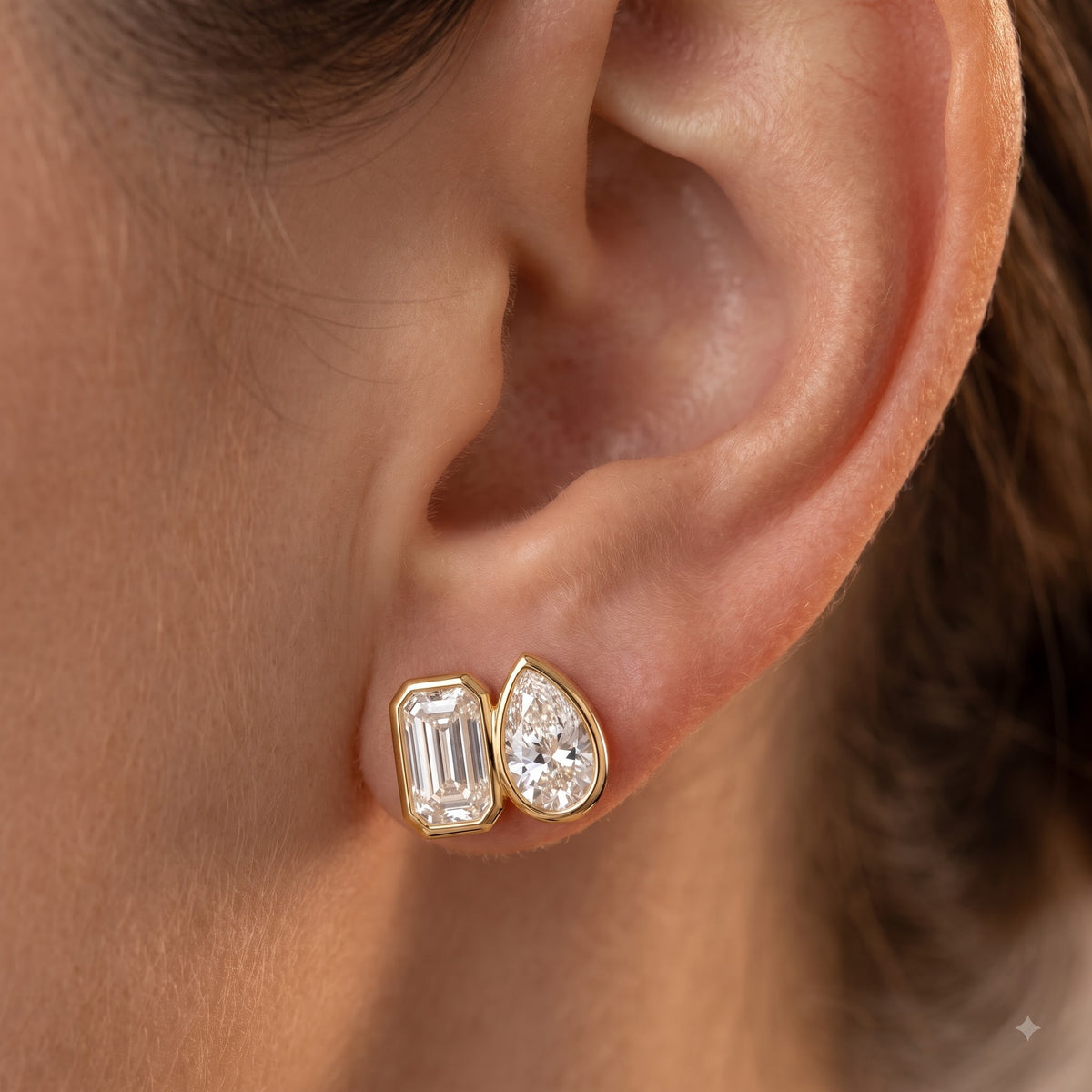 2.00 Ct Pear & Emerald Cut Lab Grown Diamond Bezel Studs Earrings
