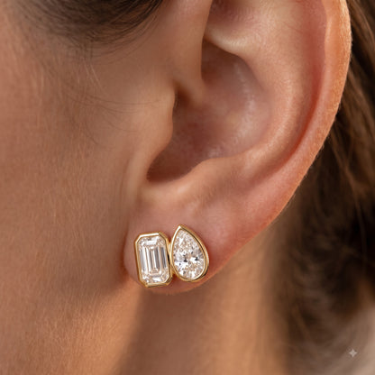2.00 Ct Pear & Emerald Cut Lab Grown Diamond Bezel Studs Earrings