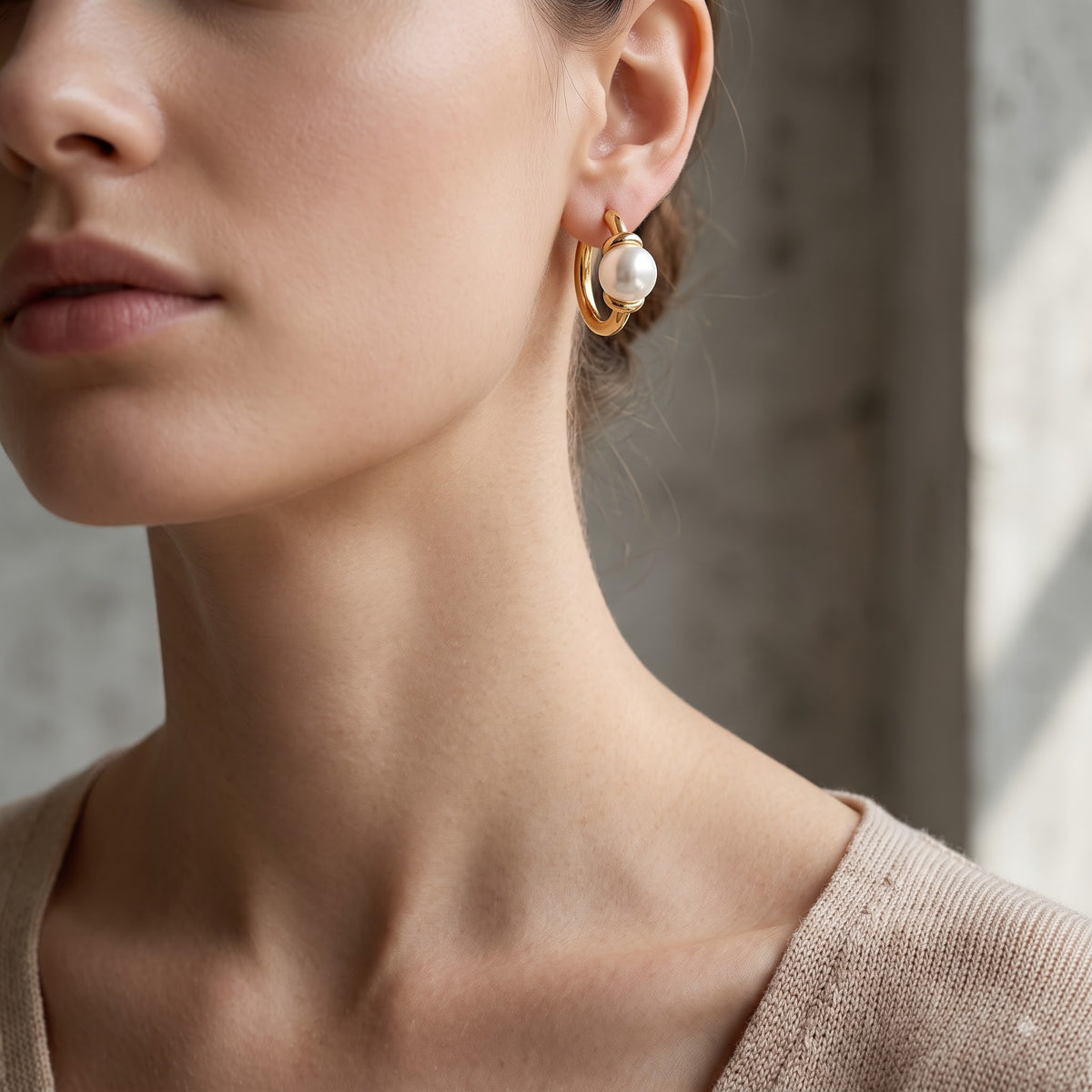 14K Gold Pearl Huggie Hoop Earrings with 4mm White Pearls