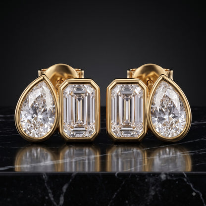2.00 Ct Pear & Emerald Cut Lab Grown Diamond Bezel Studs Earrings