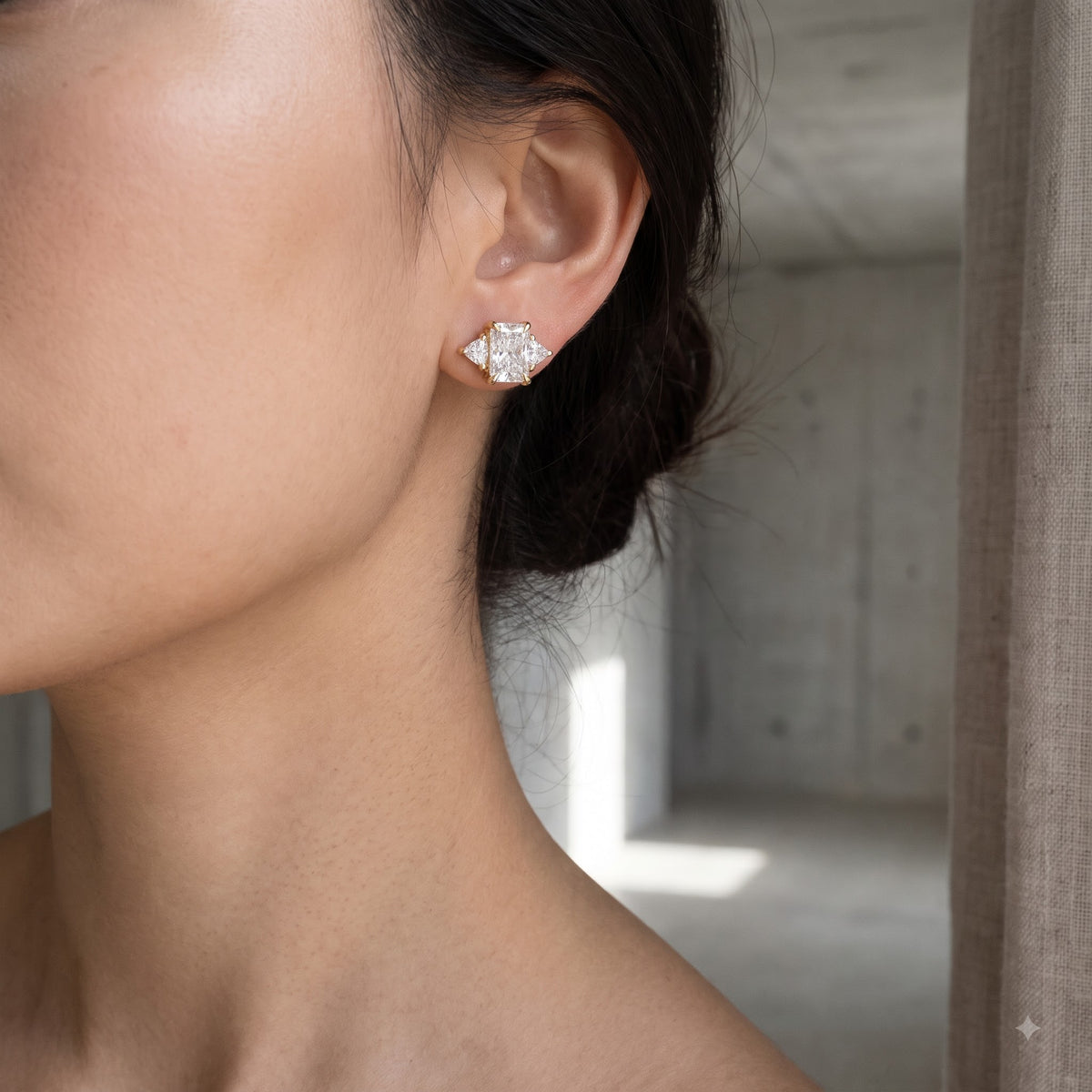 1.40 Ct Lab Grown Diamond Stud Earrings, Radiant Cut Three Stone Earrings