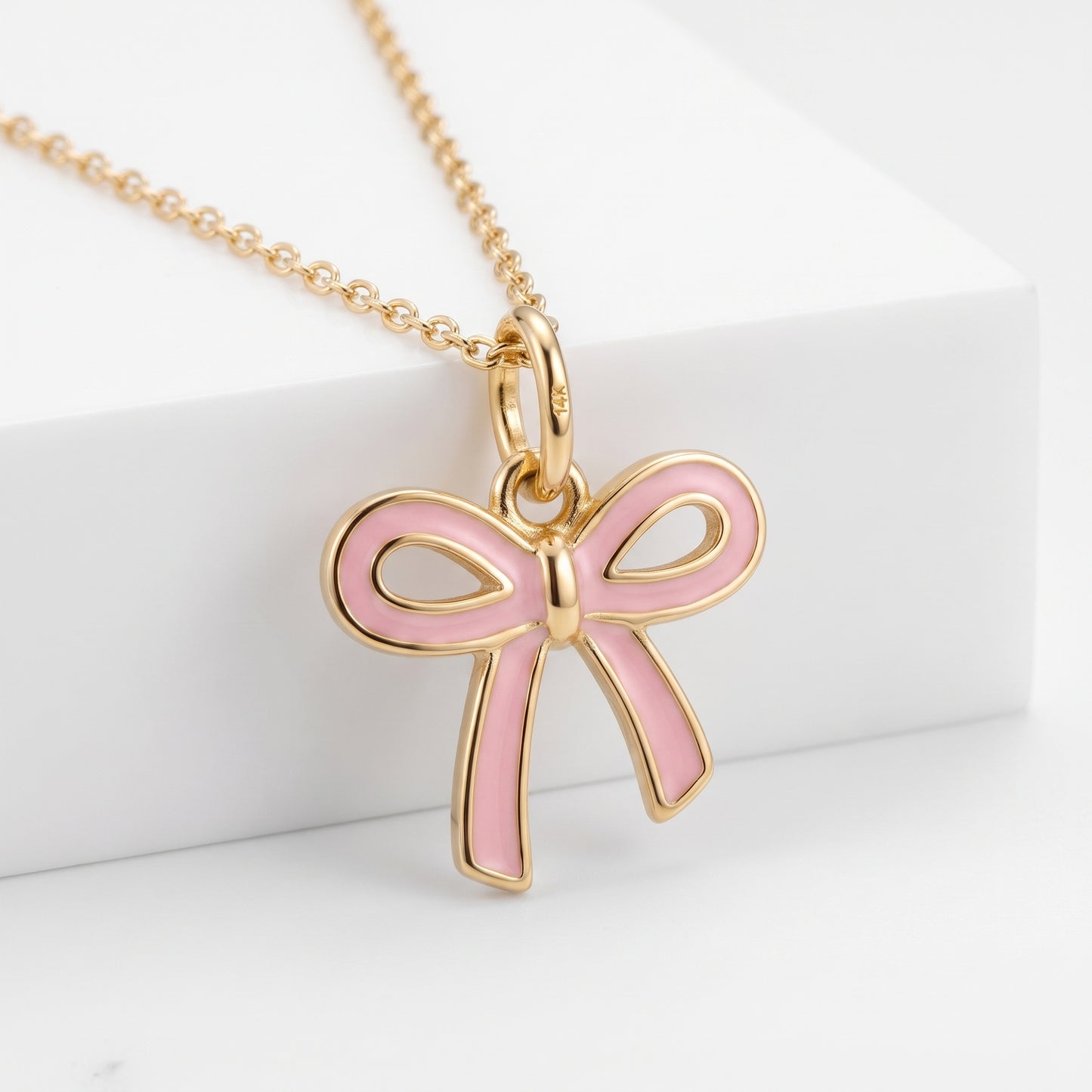 Pink Bow Necklace, 14K Gold Bow Pendant Necklace