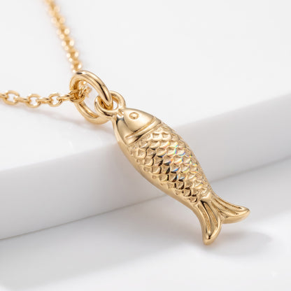 14K Solid Gold Fish Charm Pendant Necklace