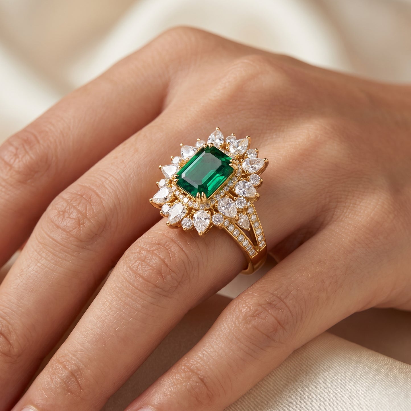 4.30 CT Emerald Cut Emerald Floral Halo Engagement Ring in Gold