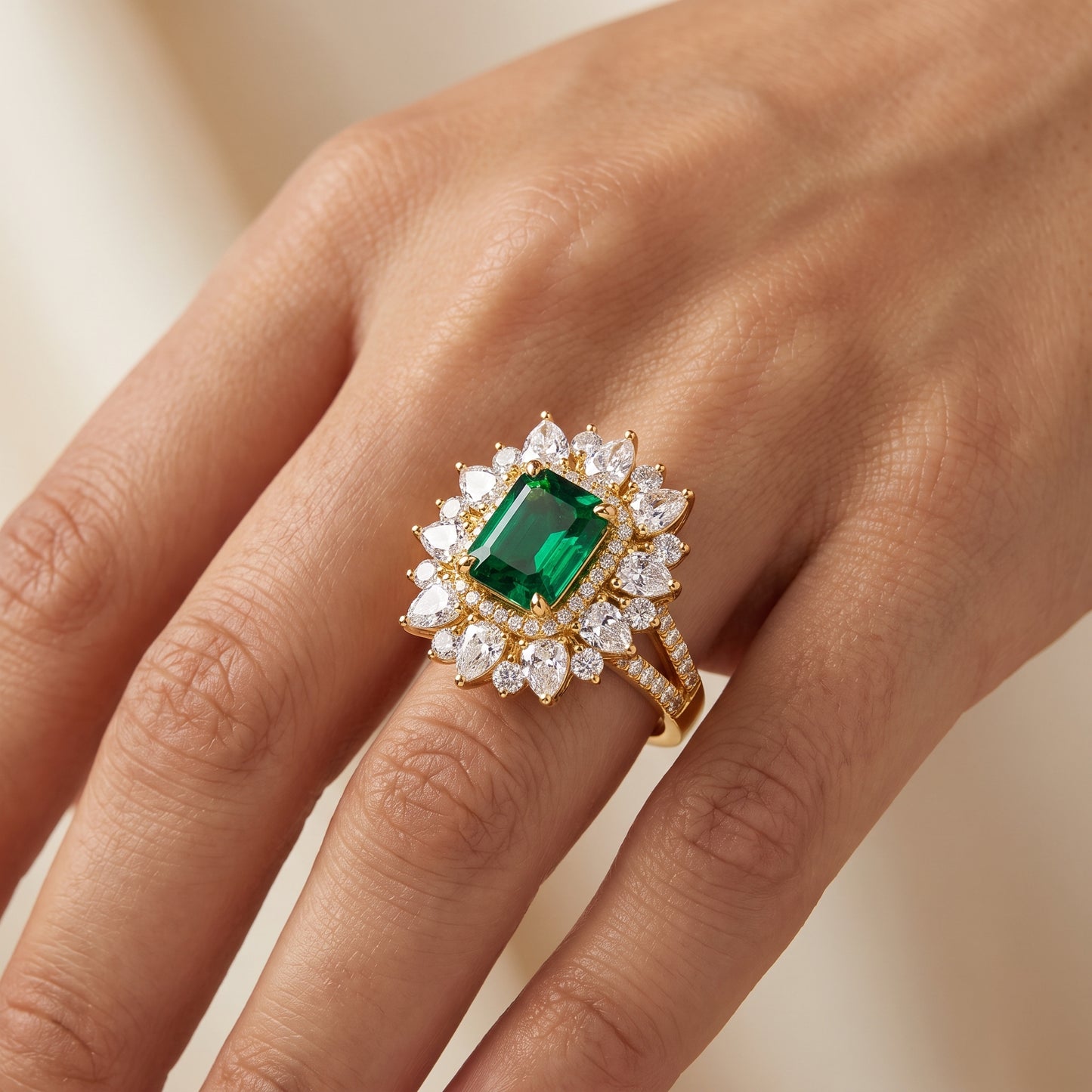 4.30 CT Emerald Cut Emerald Floral Halo Engagement Ring in Gold