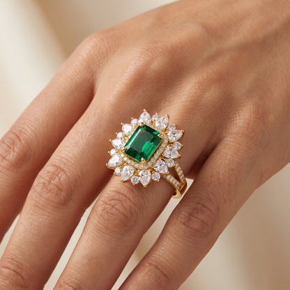 4.30 CT Emerald Cut Emerald Floral Halo Engagement Ring in Gold