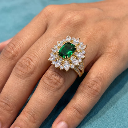 4.30 CT Emerald Cut Emerald Floral Halo Engagement Ring in Gold