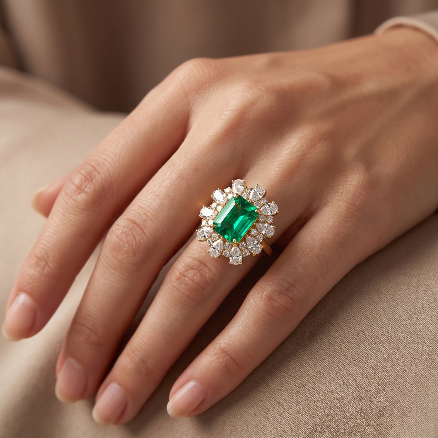 3.80 CT Emerald Cut Emerald Lab Grown Diamond Floral Halo Engagement Ring