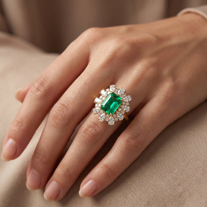 3.80 CT Emerald Cut Emerald Lab Grown Diamond Floral Halo Engagement Ring