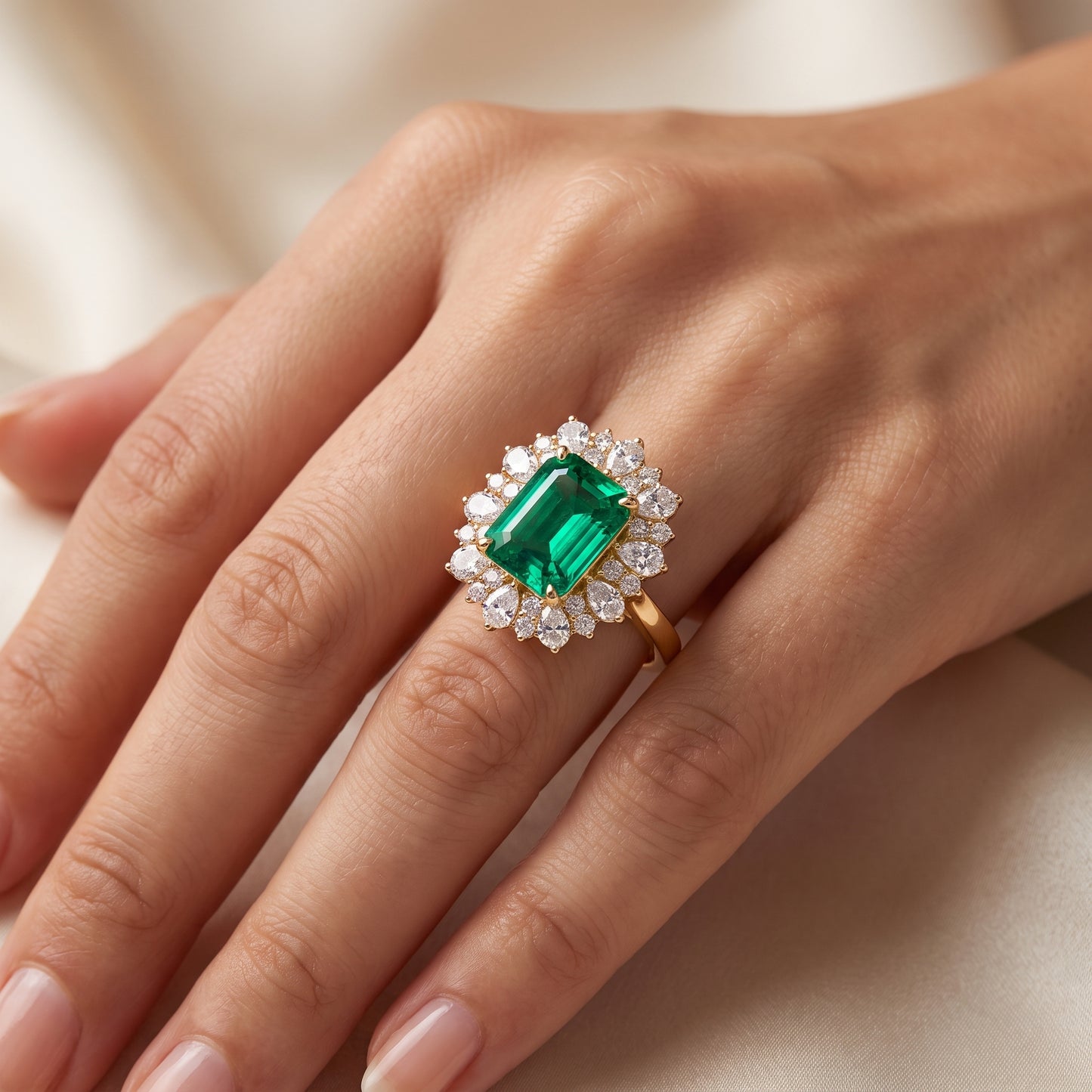 3.80 CT Emerald Cut Emerald Lab Grown Diamond Floral Halo Engagement Ring
