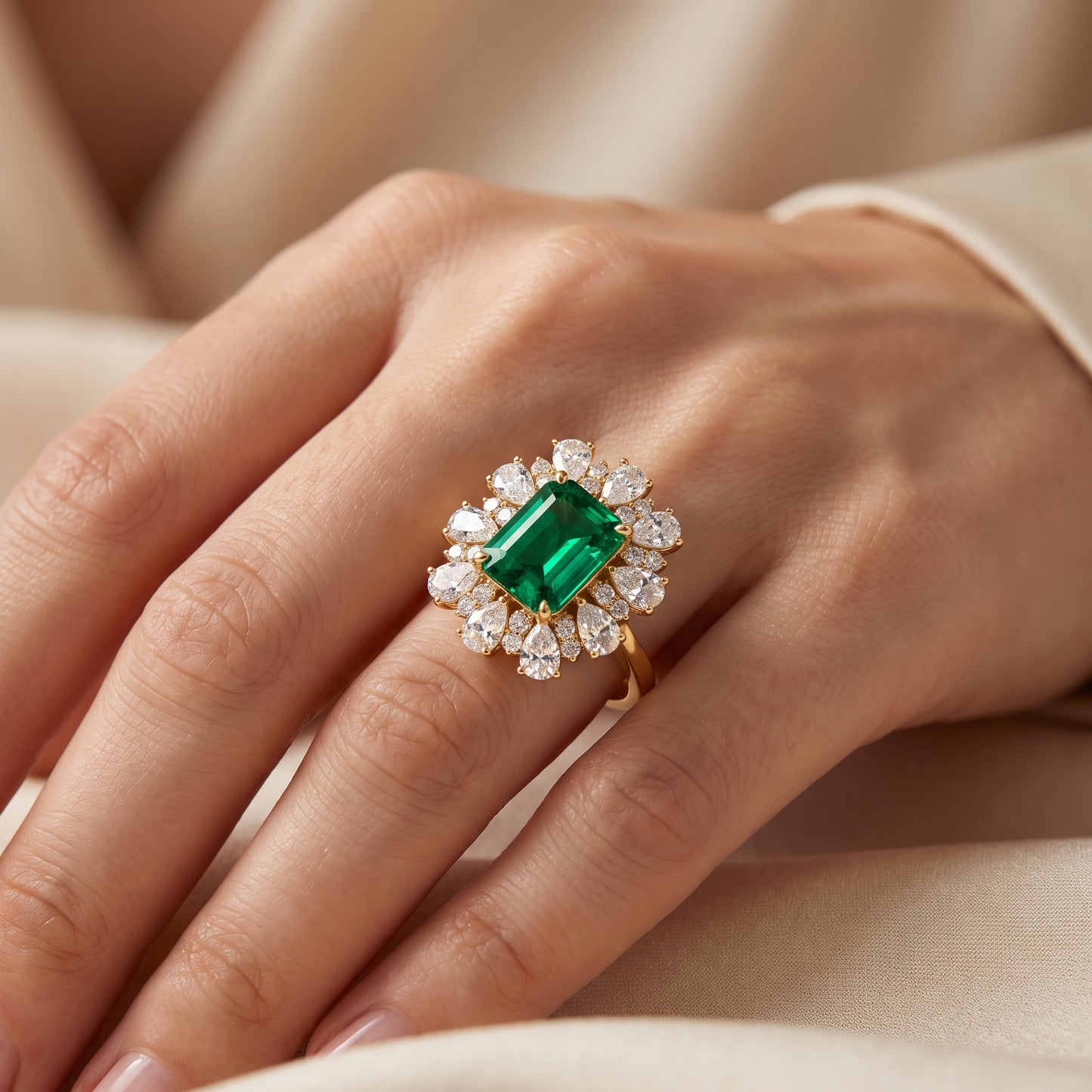 3.80 CT Emerald Cut Emerald Lab Grown Diamond Floral Halo Engagement Ring