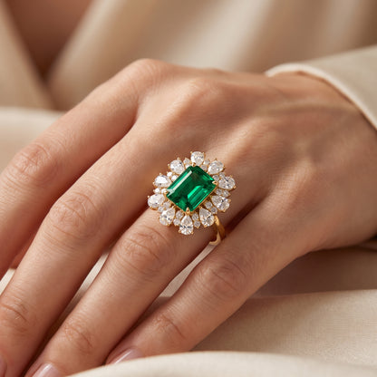 3.80 CT Emerald Cut Emerald Lab Grown Diamond Floral Halo Engagement Ring