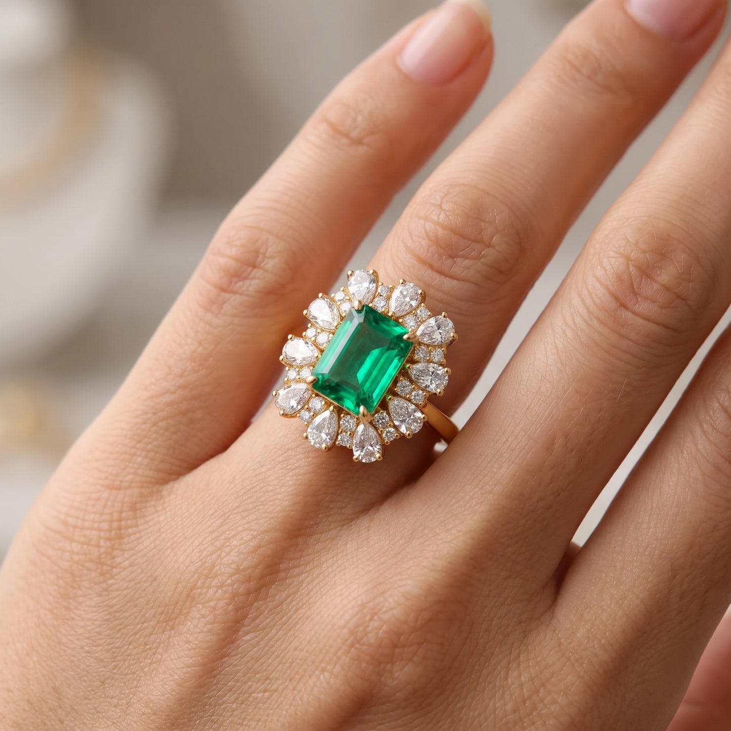 3.80 CT Emerald Cut Emerald Lab Grown Diamond Floral Halo Engagement Ring