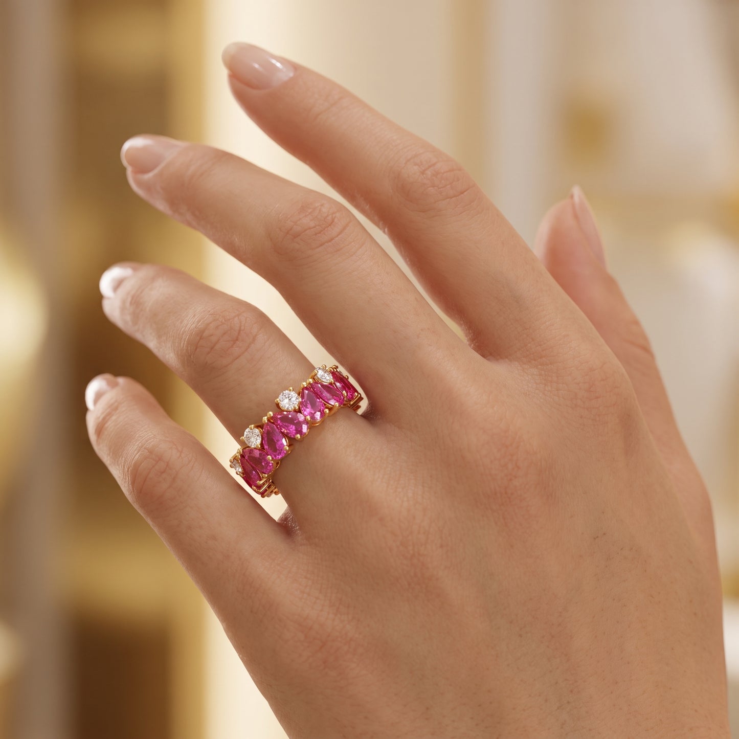2.60 ct Pear Cut Ruby & Lab Grown Diamond Eternity Wedding Band Ring