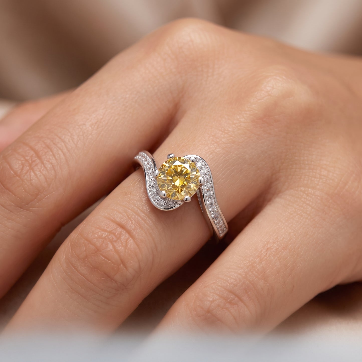 1.100ct Round Cut Lab Grown Champagne Diamond Engagement Twisted Pave Ring