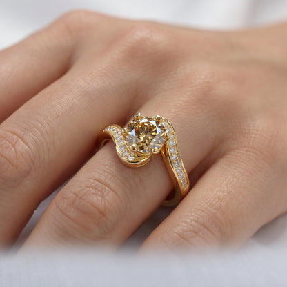 1.100ct Round Cut Lab Grown Champagne Diamond Engagement Twisted Pave Ring
