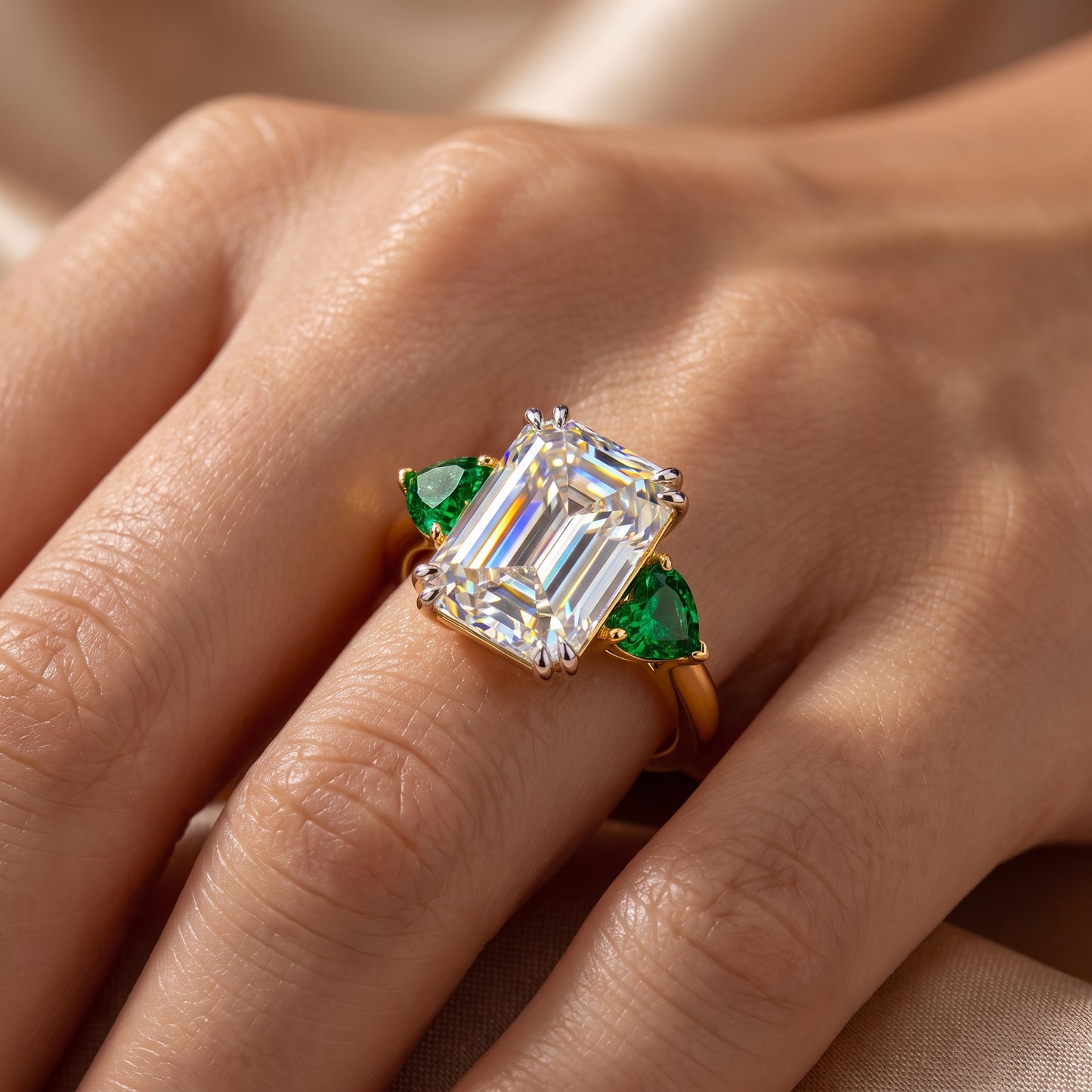 3.20ct Emerald Cut Lab Grown Diamond Three Stone Engagement Ring