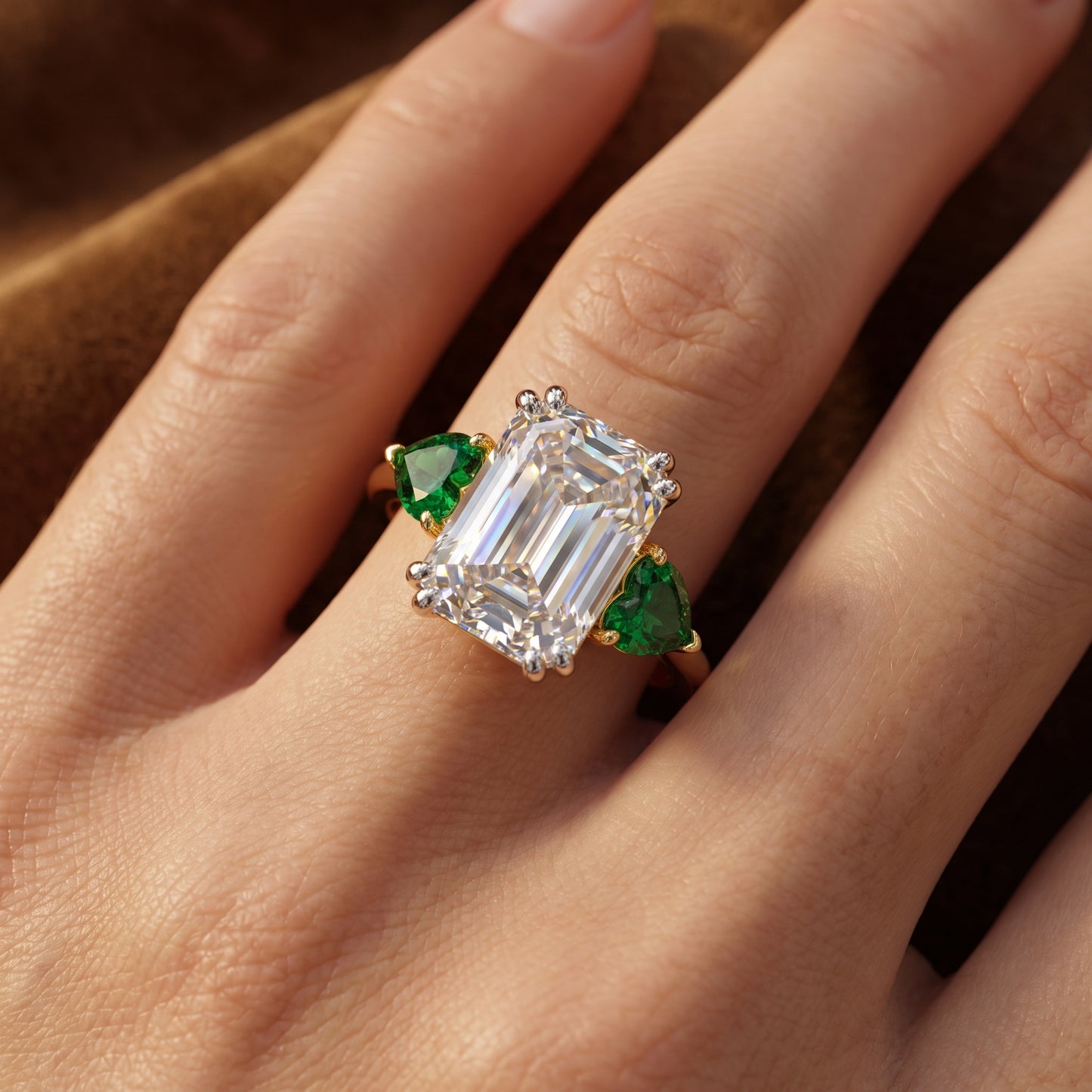 3.20ct Emerald Cut Lab Grown Diamond Three Stone Engagement Ring
