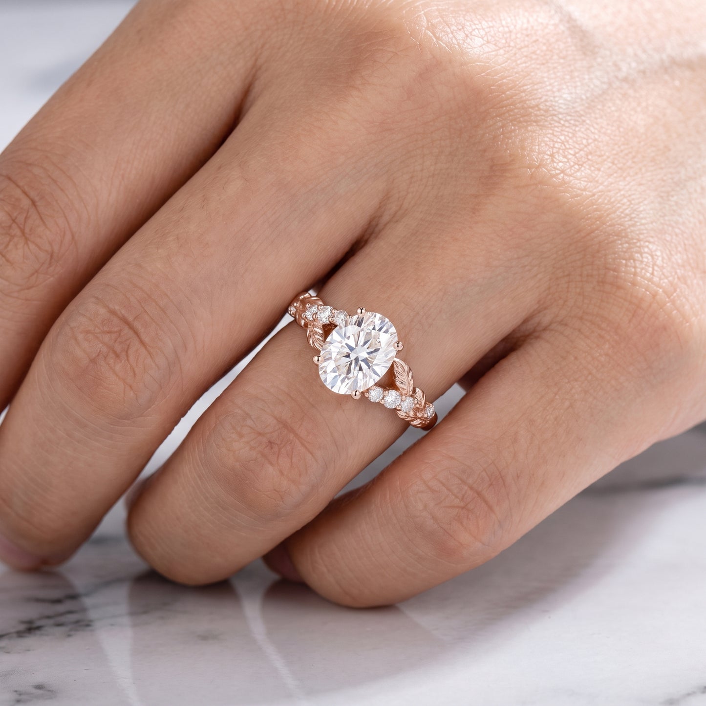 1.610ct Oval Cut Lab Grown Diamond Nature Inspired Leaf Engagement Ring