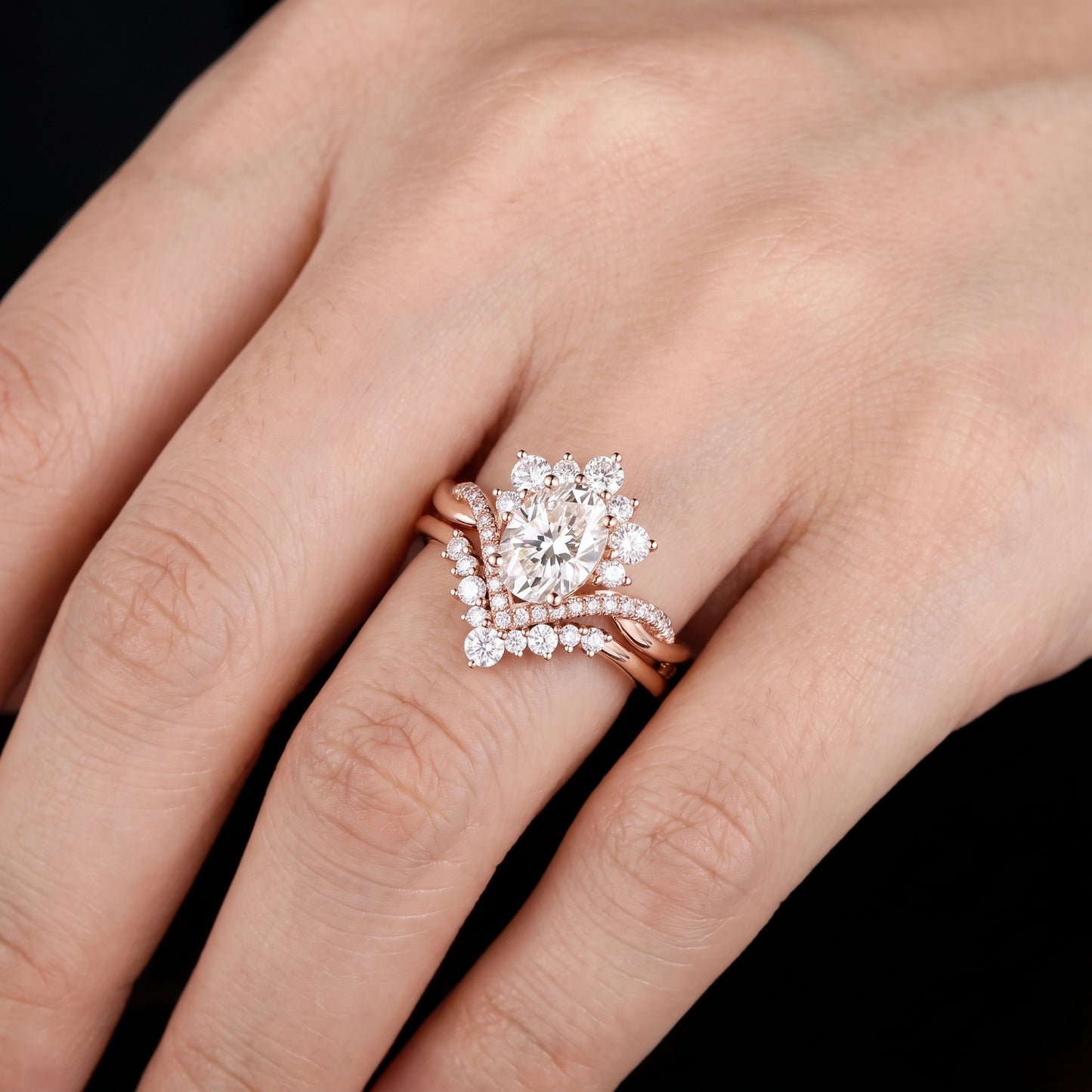 2.60ct Oval Cut Lab Grown Diamond Bridal Ring Set, Floral Halo Engagement Ring