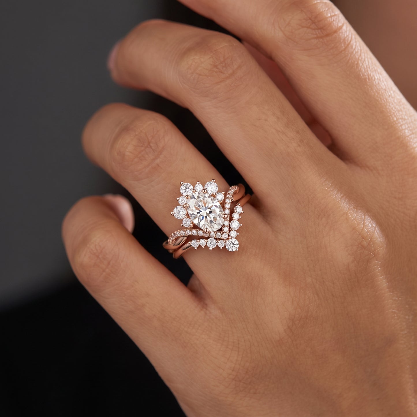 2.60ct Oval Cut Lab Grown Diamond Bridal Ring Set, Floral Halo Engagement Ring