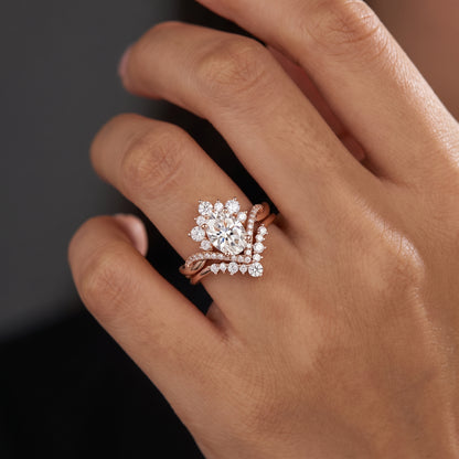 2.60ct Oval Cut Lab Grown Diamond Bridal Ring Set, Floral Halo Engagement Ring