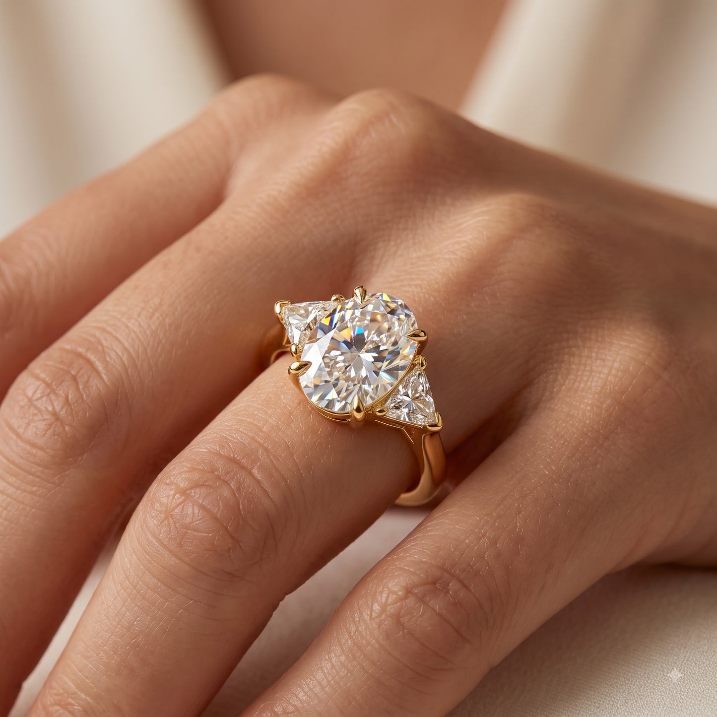3.00ct Oval Cut Lab Grown Diamond Engagement Ring, 14K Gold Three Stone Ring